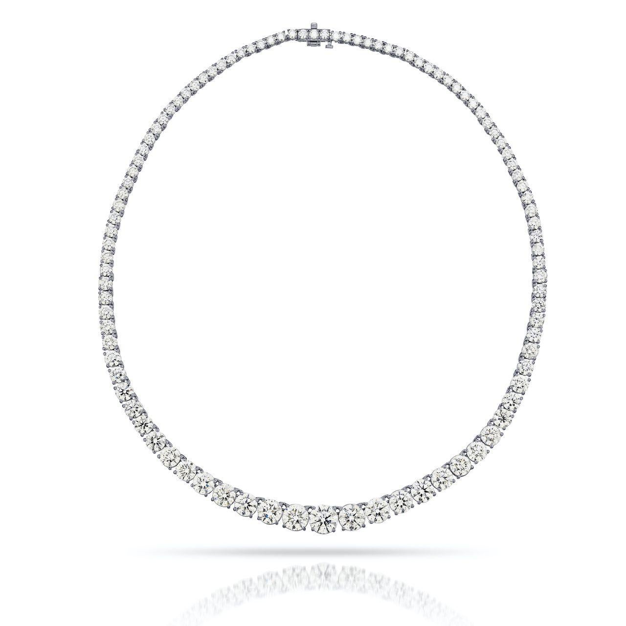 Round Cut GIA Certified 39.43 Carat Tennis 18 Kt White Gold Necklace For Sale