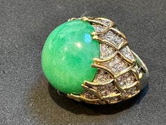 GIA Certified 40ct Jadeite Jade & 4ct Diamond Cocktail Ring 18KY Gold No Treat