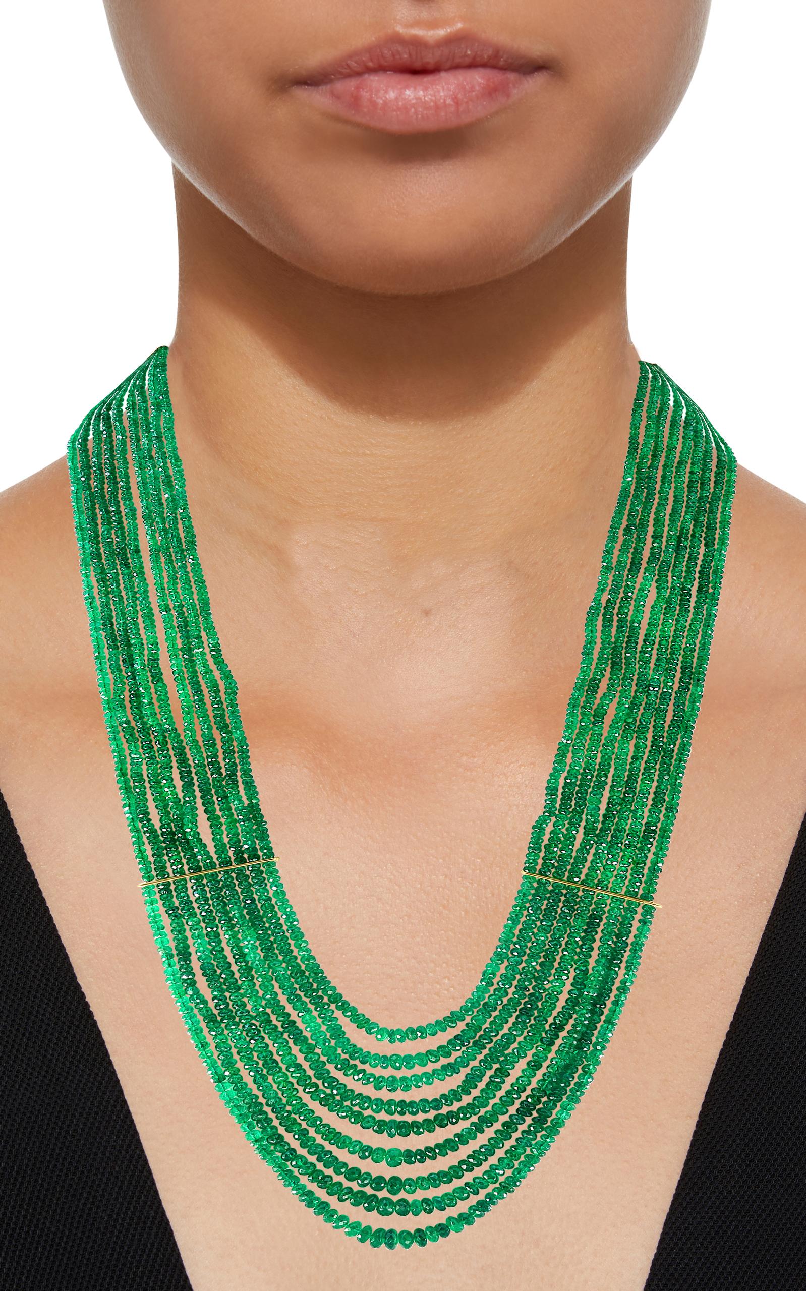 GIA Certified 400 Carat Colombian Emerald Bead Necklace 18 Karat Yellow Gold For Sale 2