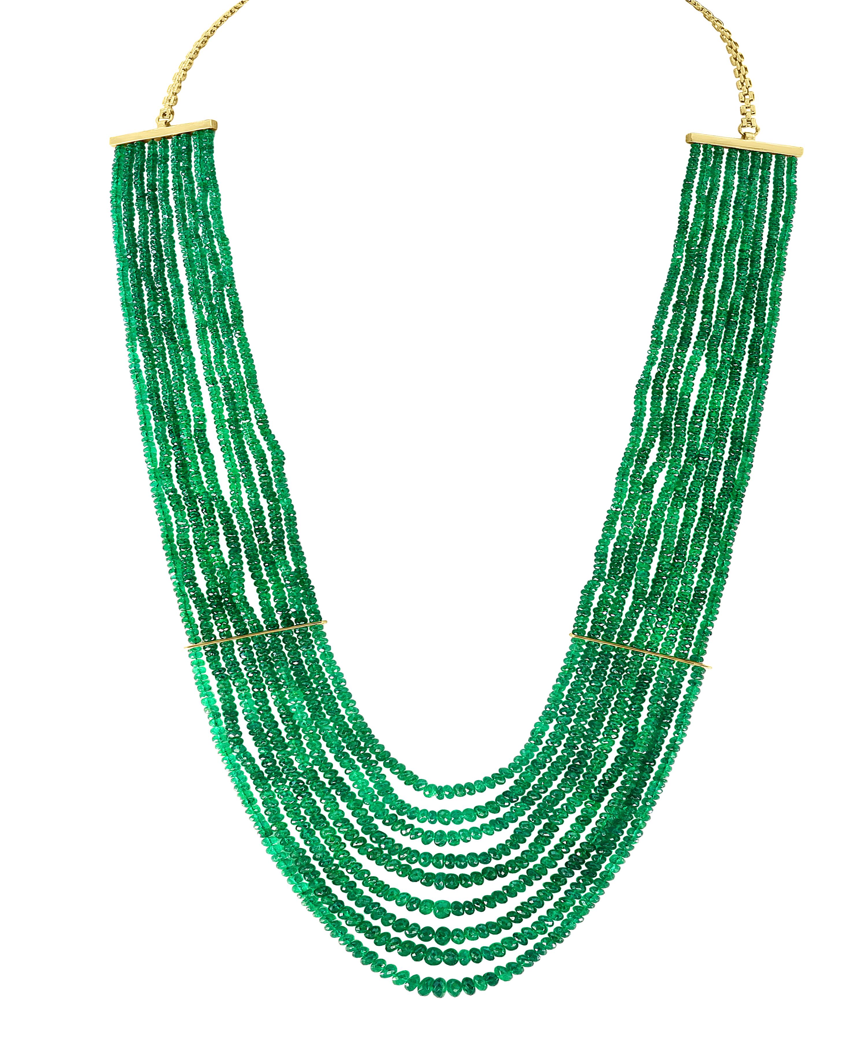 GIA Certified 400 Carat  Natural Colombian Emerald Bead Necklace 18 Karat Yellow Gold Multi layers
GIA Report 2155402618
This spectacular Necklace   consisting of approximately 400 Ct   of  Certified Emerald Beads  .
A magnificent emerald bead