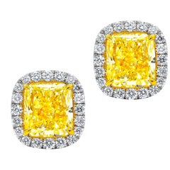 GIA Certified 4.00 Carat Cushion Cut Fancy Yellow Diamond Stud Earrings