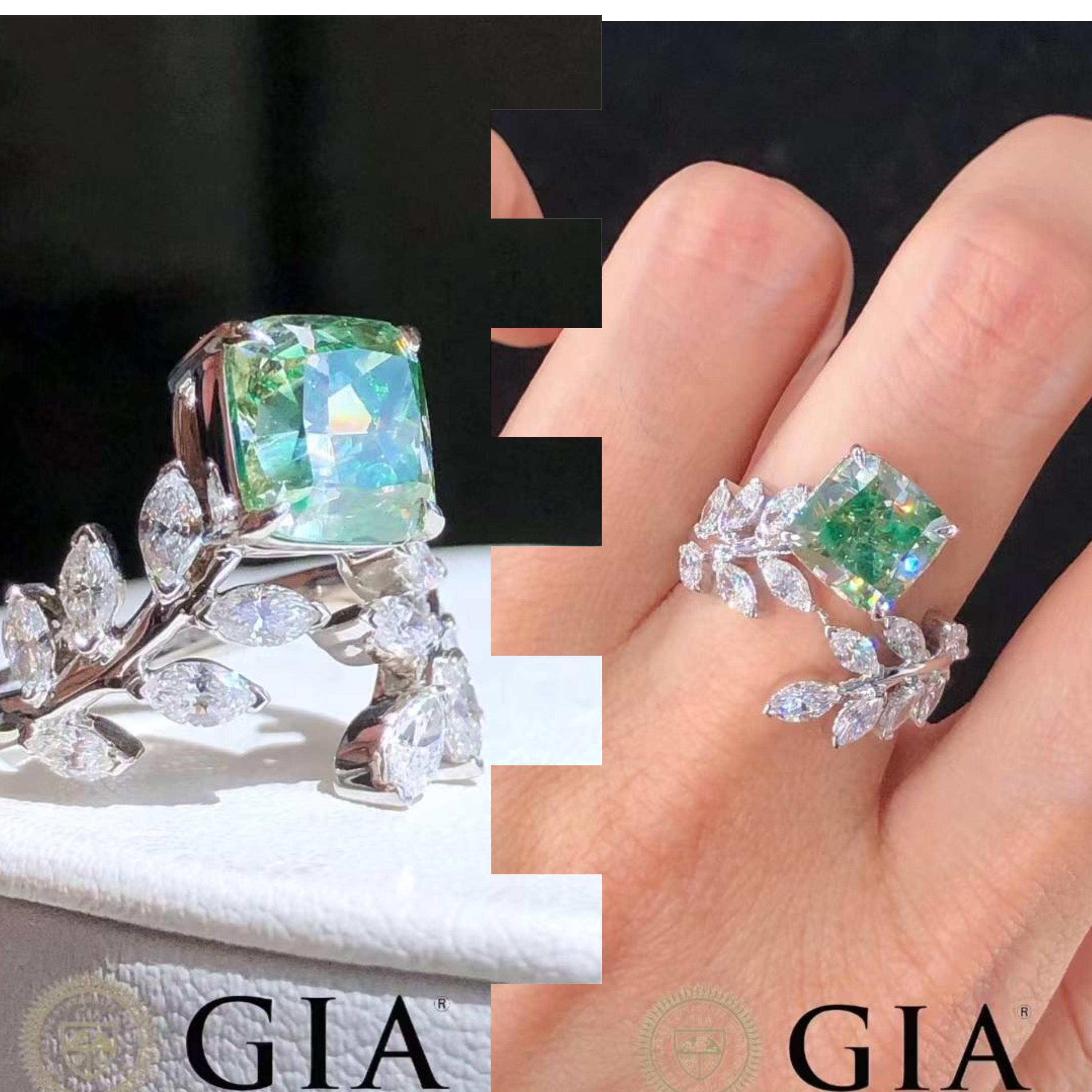 For Sale:  GIA Certified 4.00 Carat Green Diamond Ring in 18K White Gold 10