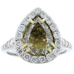 GIA Certified 4.00 Carat Pear Shape Fancy Greenish Yellow Diamond Cocktail Ring