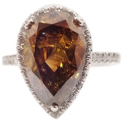 GIA Certified 4.00 Carat Pear Shape Fancy Orange Natural Diamond Ring 14 Karat