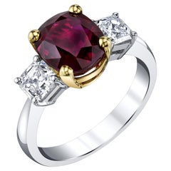 GIA Certified 4.00 Carat Pigeon's Blood Burmese Ruby and Diamond 3-Stone Ring