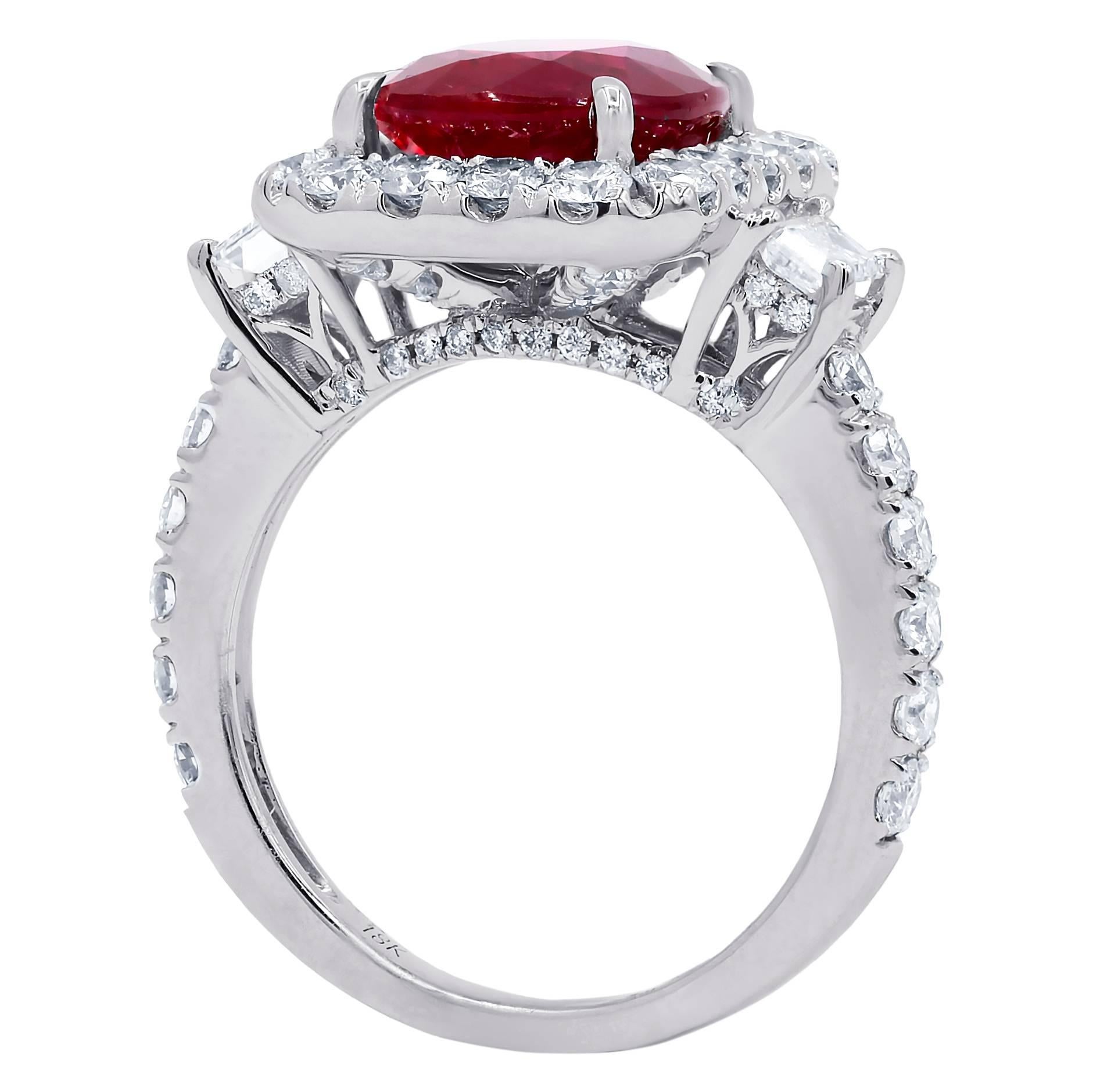 18K White Gold Diamond ring features 4.00ct of ruby GIA Certified and 1.75 ct diamond on the side set in ring. 