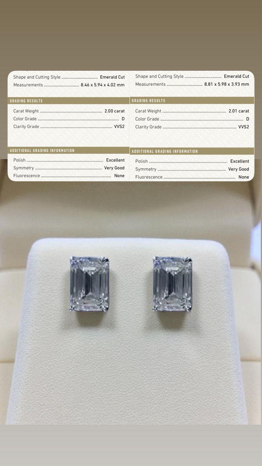 Pendientes de oro de 18 quilates con diamantes en forma de esmeralda de 4,00 quilates D/VVS2 certificados por el GIA en Nuevo estado para la venta en Massafra, IT