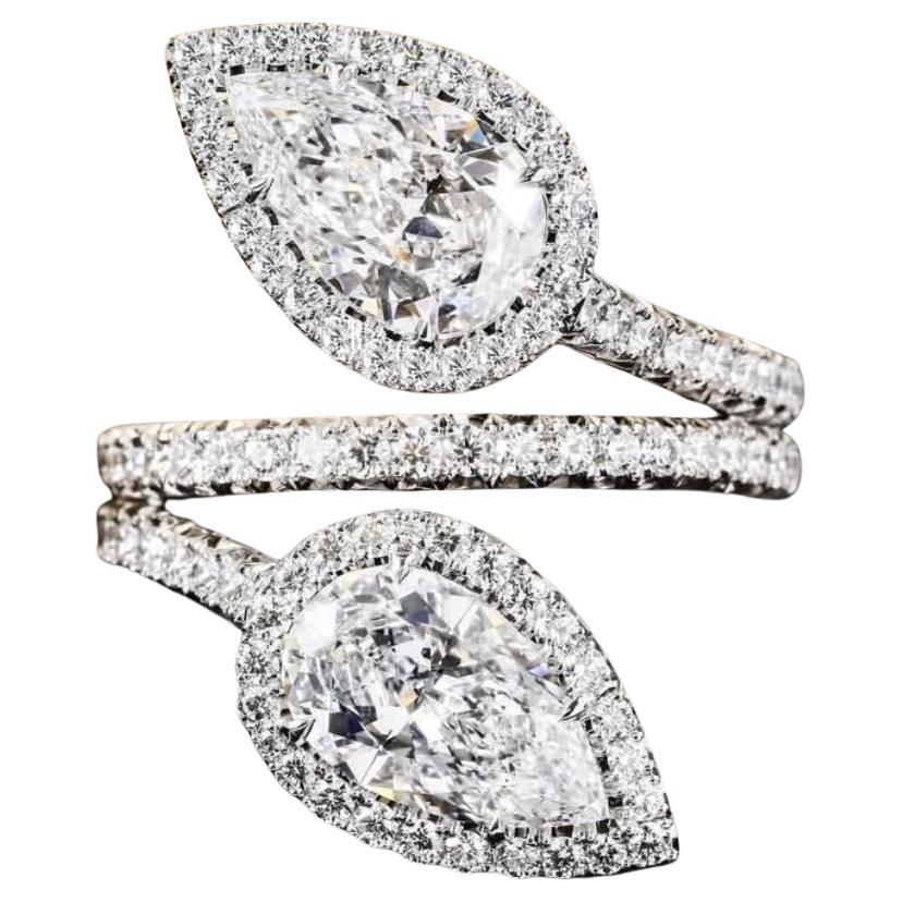 GIA Certified 4.00 Carats Pear Shape Natural Diamonds 18K Gold Double Ring