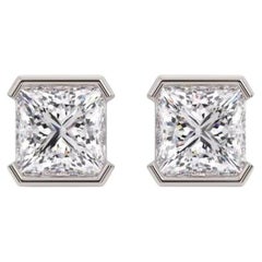 GIA Certified 4.00 Ct F/VS1 Princess Diamonds Half Bezel Stud Earrings 18K Gold