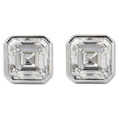 GIA Certified 4.00 Ct F/VS1 Square Emerald Diamonds Bezel Stud Earrings 18K Gold