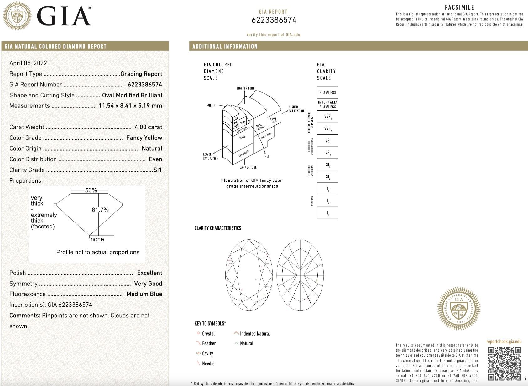GIA Certified 4.00 Oval Cut Fancy Yellow Diamond Three Stone Ring In New Condition For Sale In New York, NY