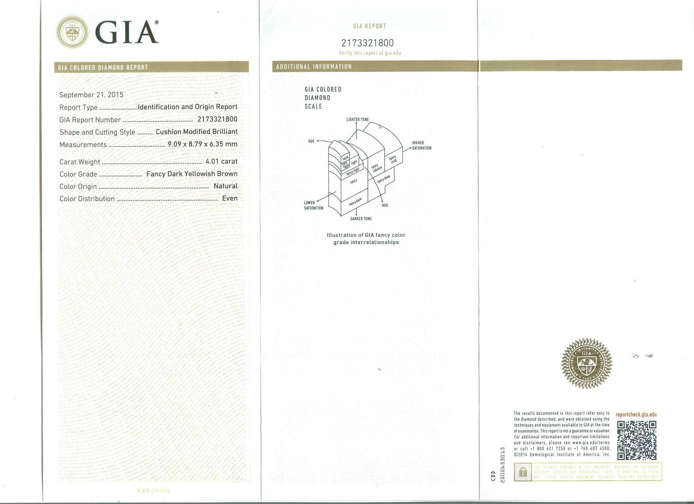 GIA Certified 4.01 Carat Cushion Fancy Brown Diamond Cocktail Ring in Platinum 1