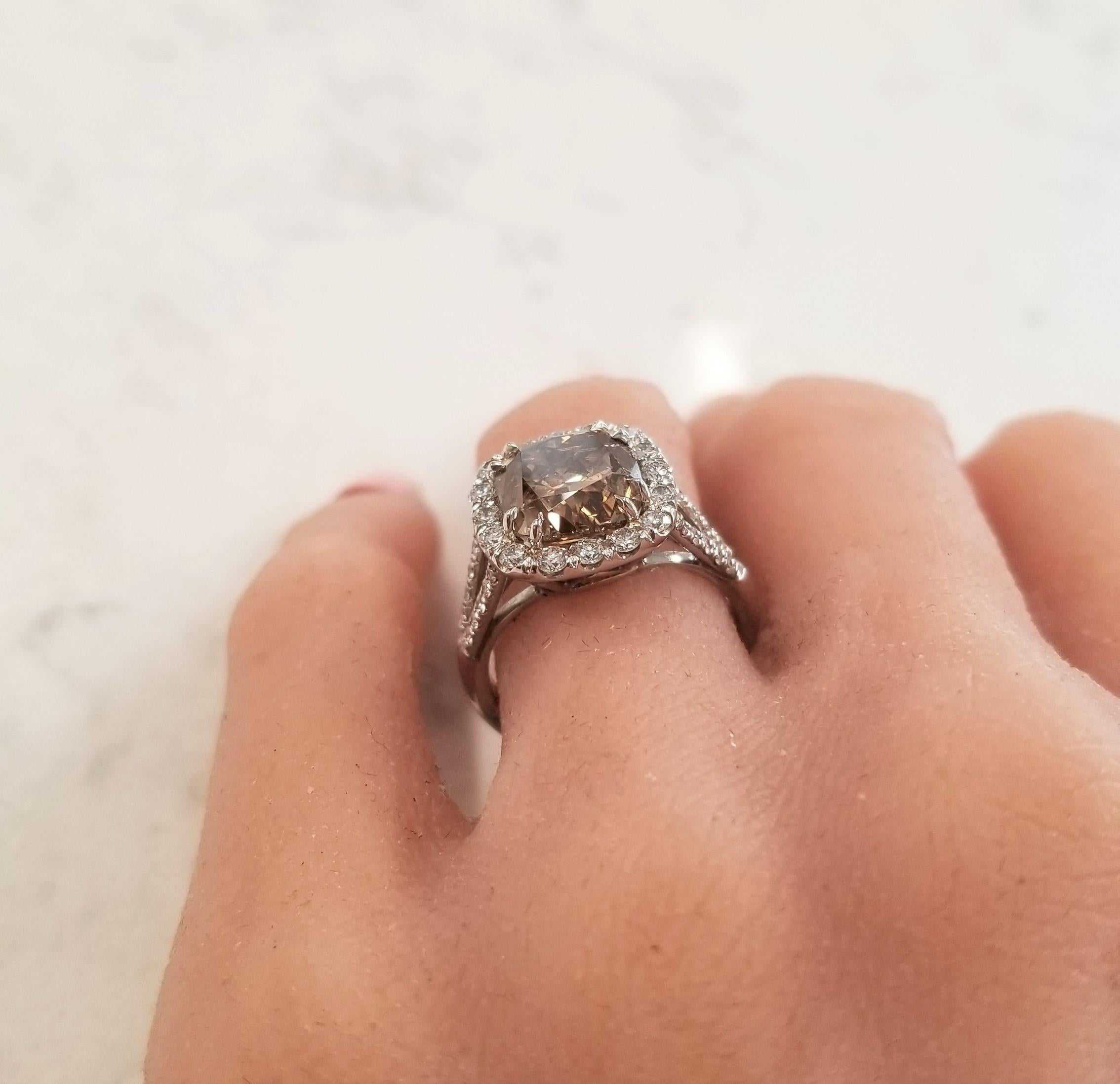 GIA Certified 4.01 Carat Cushion Fancy Brown Diamond Cocktail Ring in Platinum 2