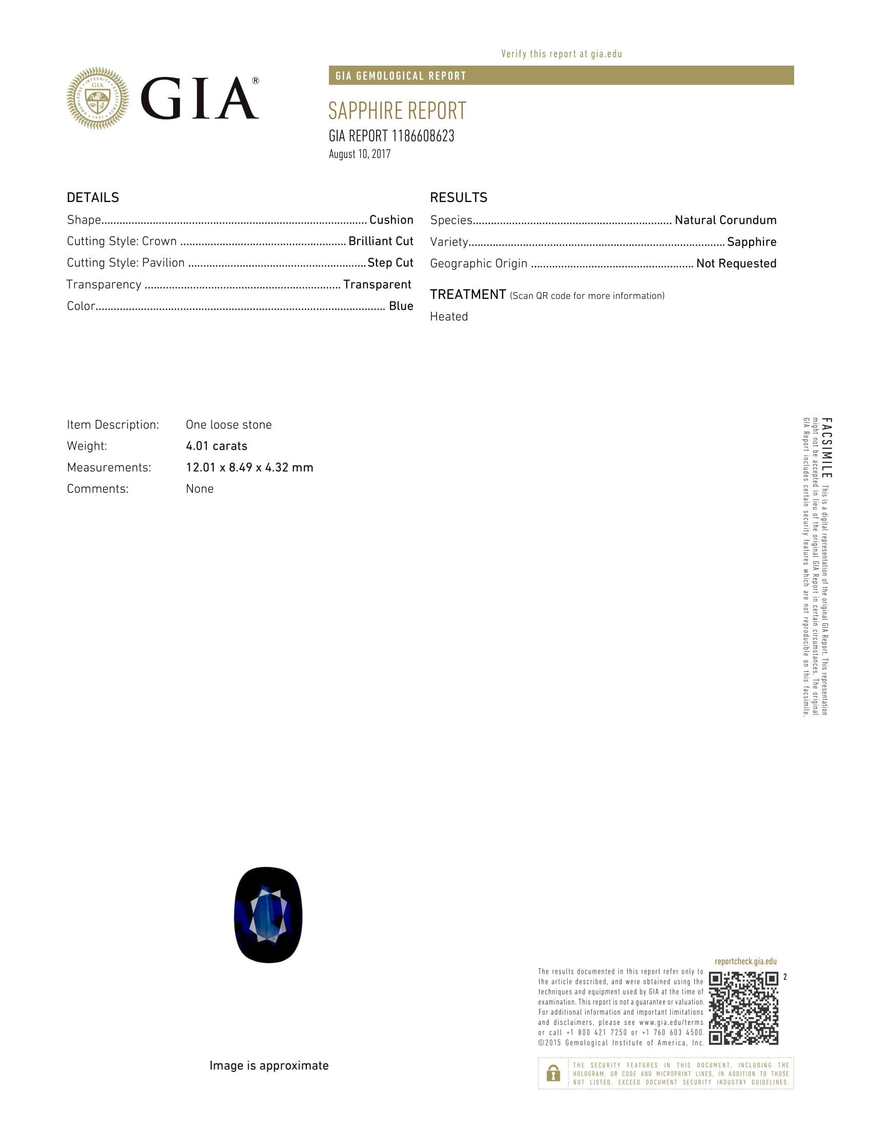 GIA Certified 4.01 Carat Cushion Sapphire and Diamond Platinum Ring For Sale 1