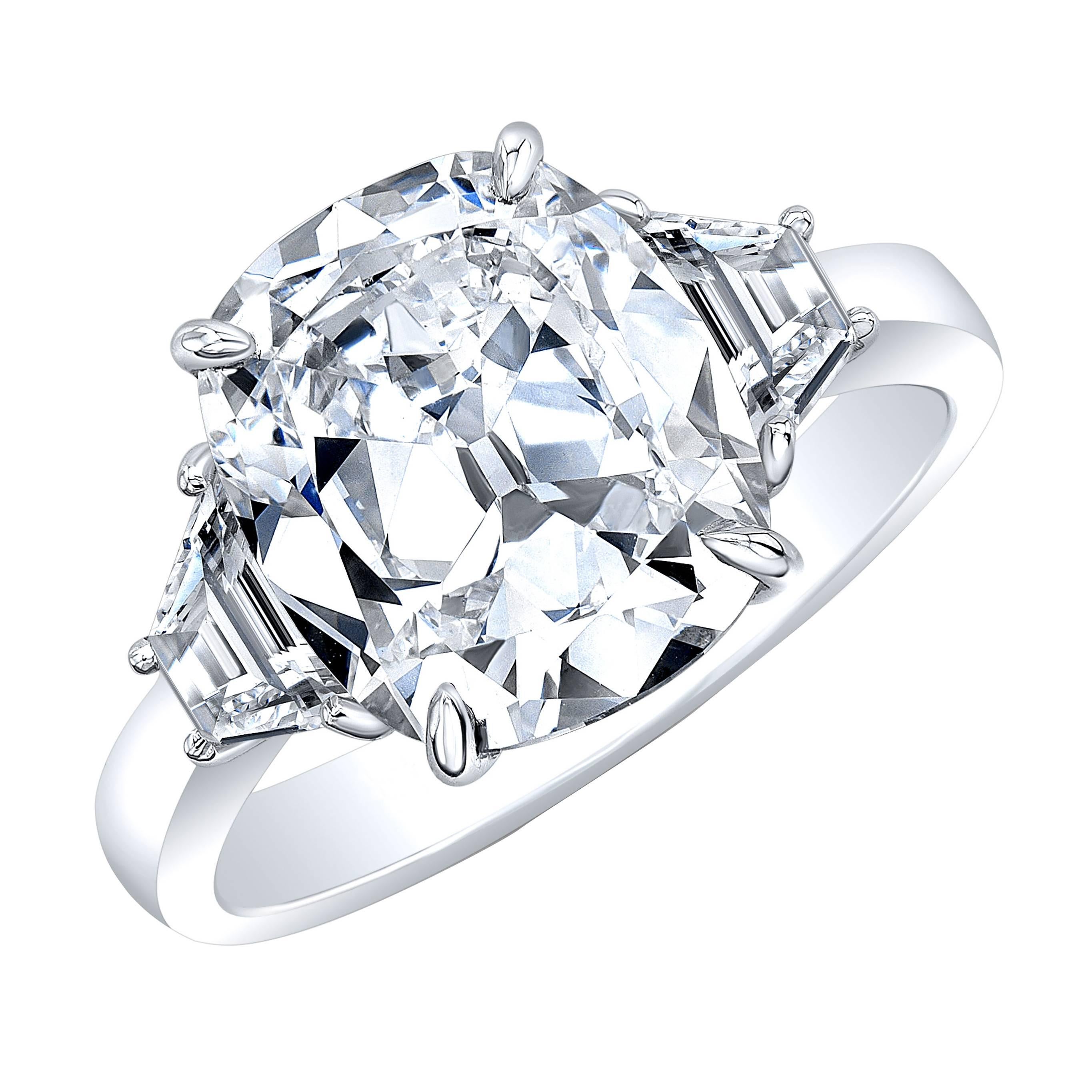 GIA Certified 4.01 Carat D VS2 Cushion Brilliant Diamond Platinum 3 Stone Ring For Sale