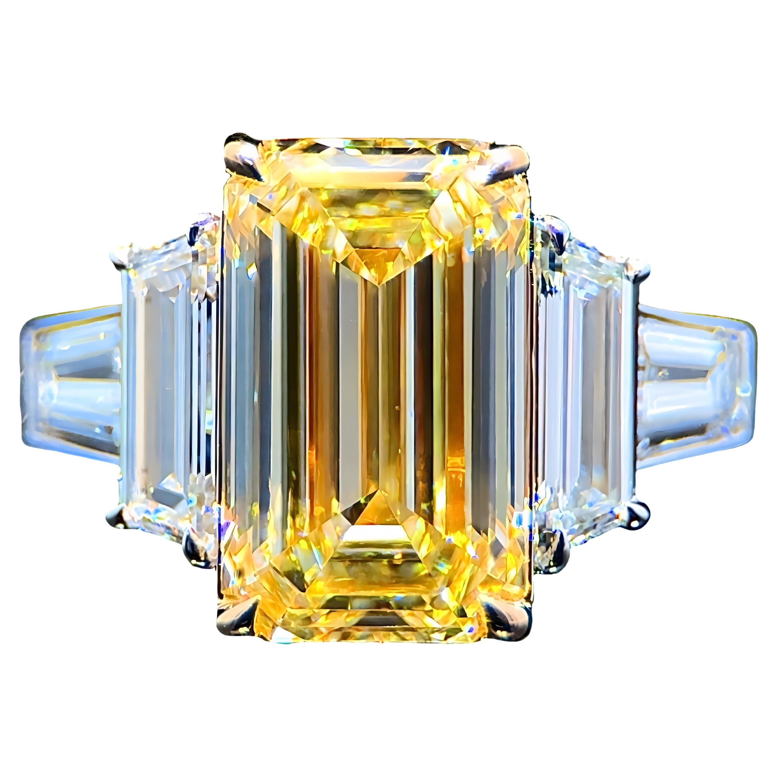 Bague en diamant certifié GIA de 4,01 carats, taille émeraude allongée, de couleur naturelle jaune fantaisie