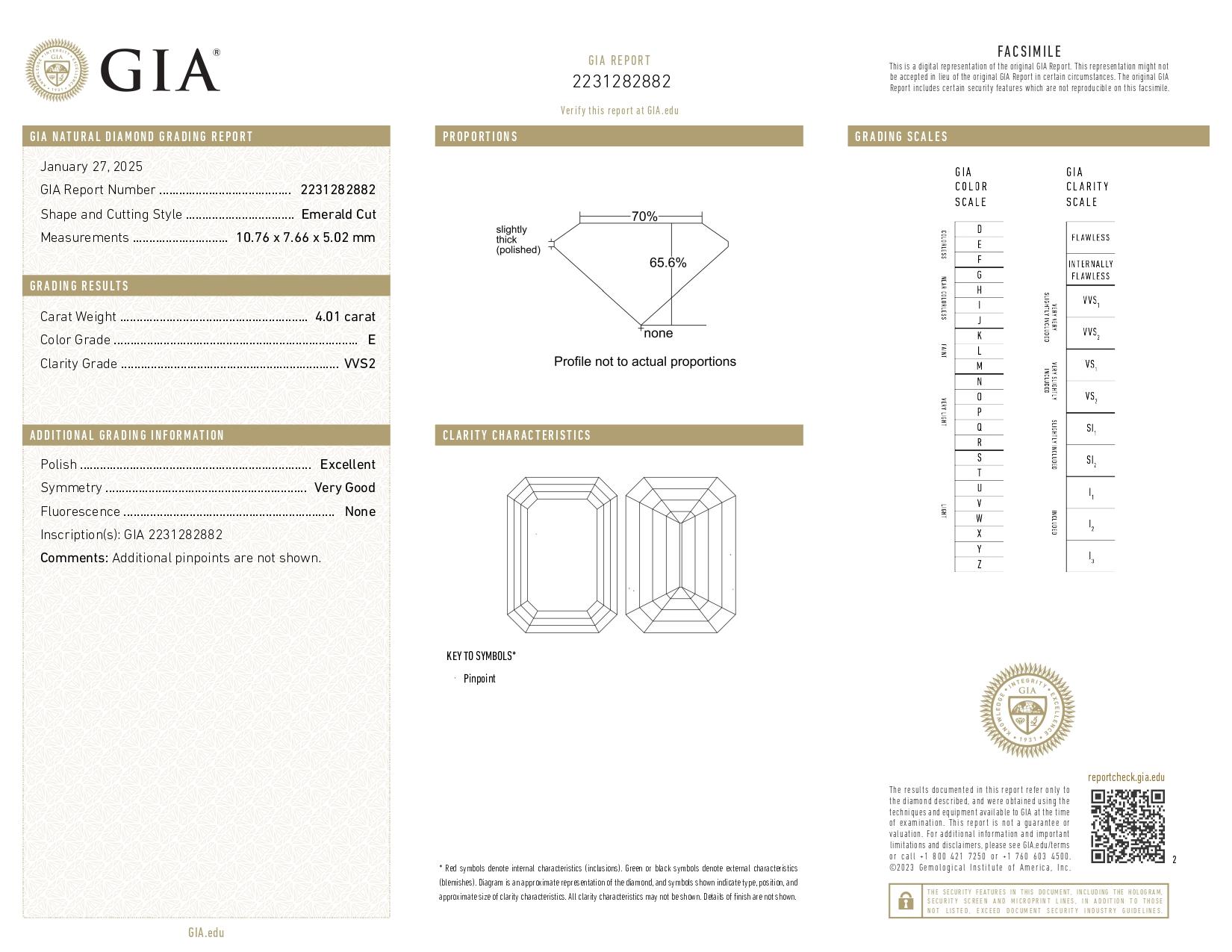 GIA Certified 4.01 Carat Emerald Cut Diamond F Color VVS2 Clarity in Platinum In New Condition For Sale In Chicago, IL
