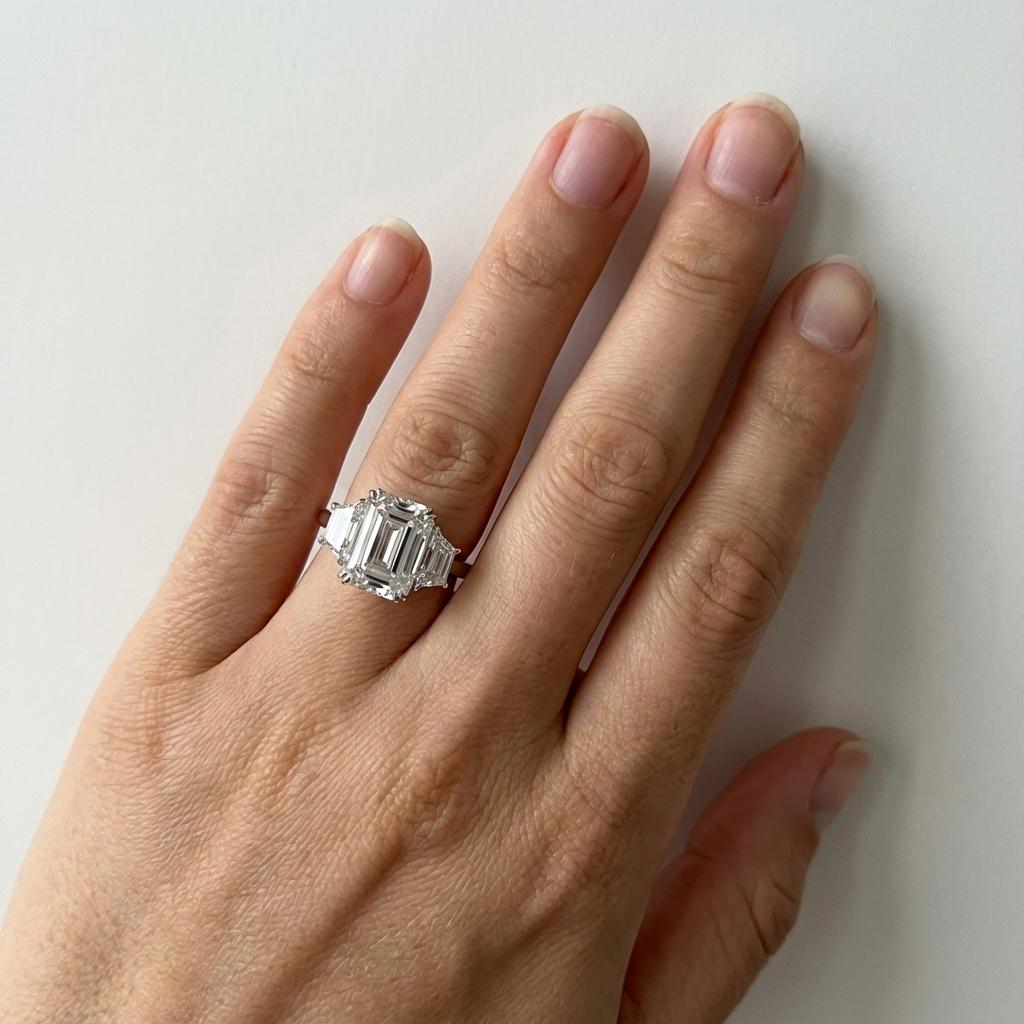 Ti presentiamo uno straordinario diamante taglio smeraldo da 4,01 carati, splendidamente incorniciato da 0,70 carati di pietre laterali trapezoidali di colore G e chiarezza VS, il tutto incastonato in un anello in platino lavorato a mano.