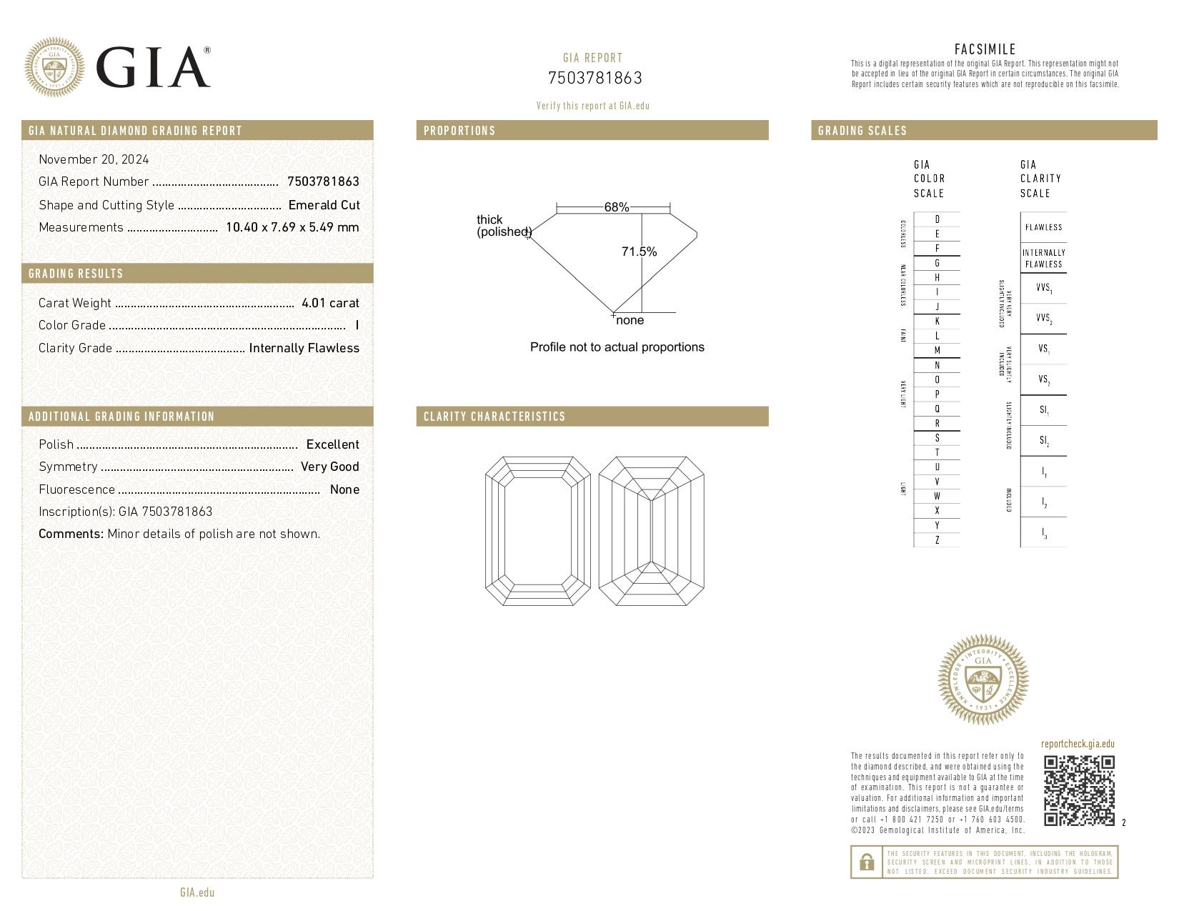 Anello con diamante taglio smeraldo da 4.01 carati certificato GIA In condizioni Nuovo in vendita a Chicago, IL