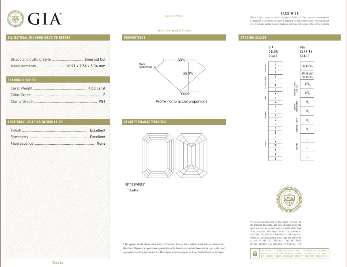 Taille émeraude Bague en diamant certifié GIA de 4,01 carats F VS1 taille émeraude en vente