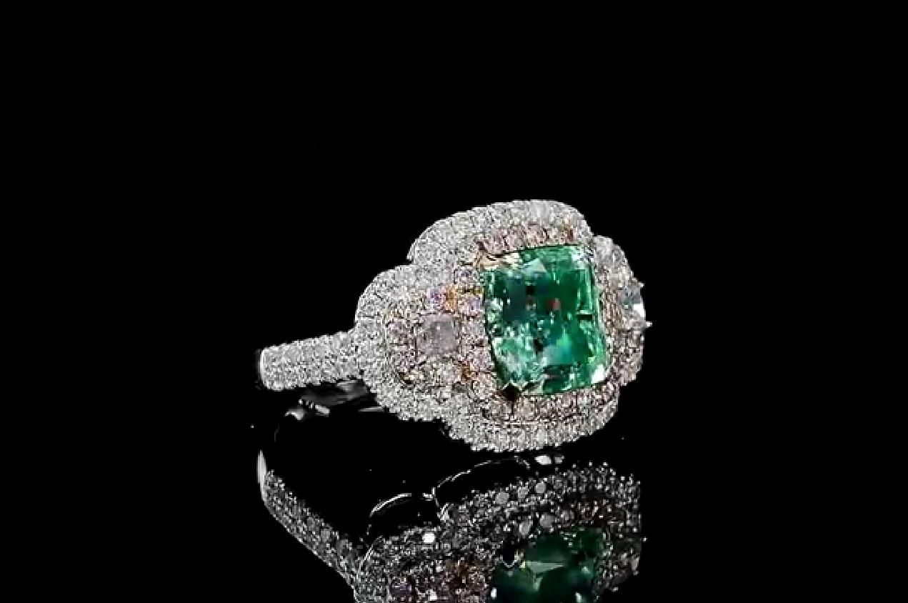 Cushion Cut GIA Certified 4.01 Carat Light Green Yellow I2 Clarity Diamond Ring