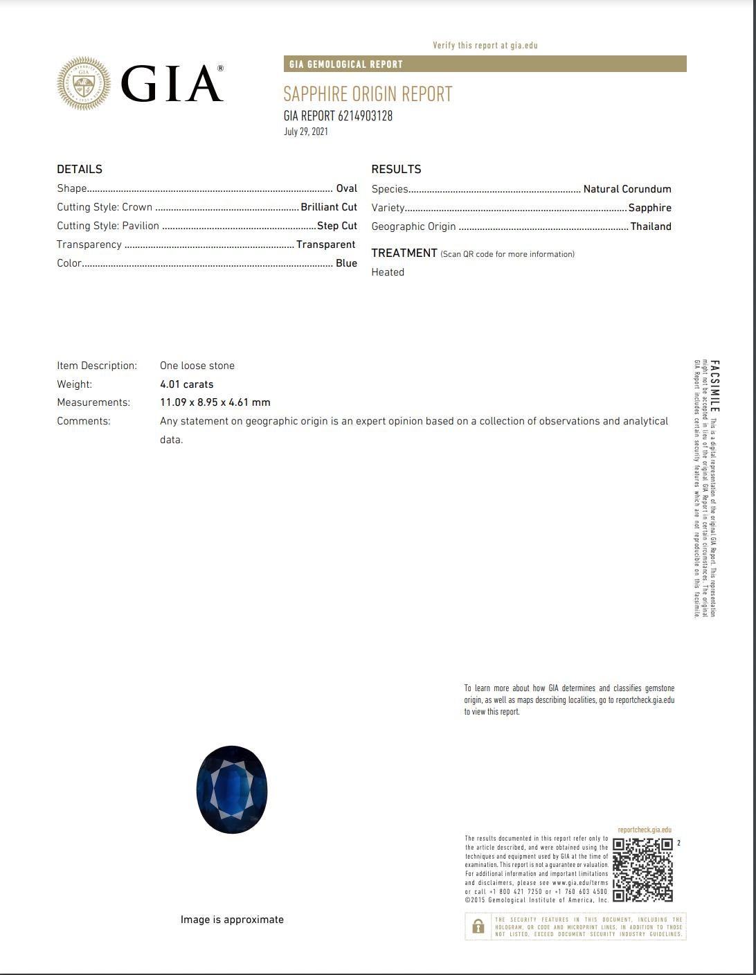 GIA Certified 4.01 Carat Oval Blue Sapphire Platinum Diamond Engagement Ring  2