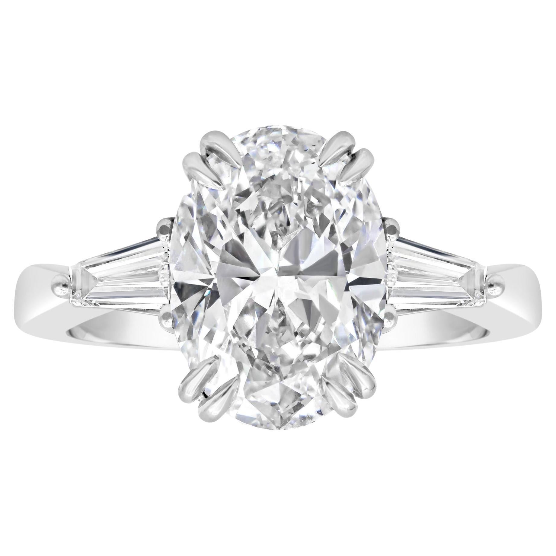 Roman Malakov GIA Certified 4.01 Oval Cut Diamond Three-Stone Engagement Ring For Sale