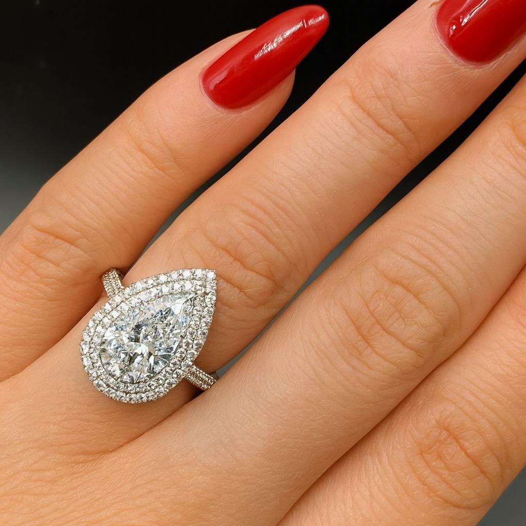 Anillo de compromiso con halo de diamantes brillantes pera de 4,01 quilates certificado por el GIA en Nuevo estado para la venta en Chicago, IL