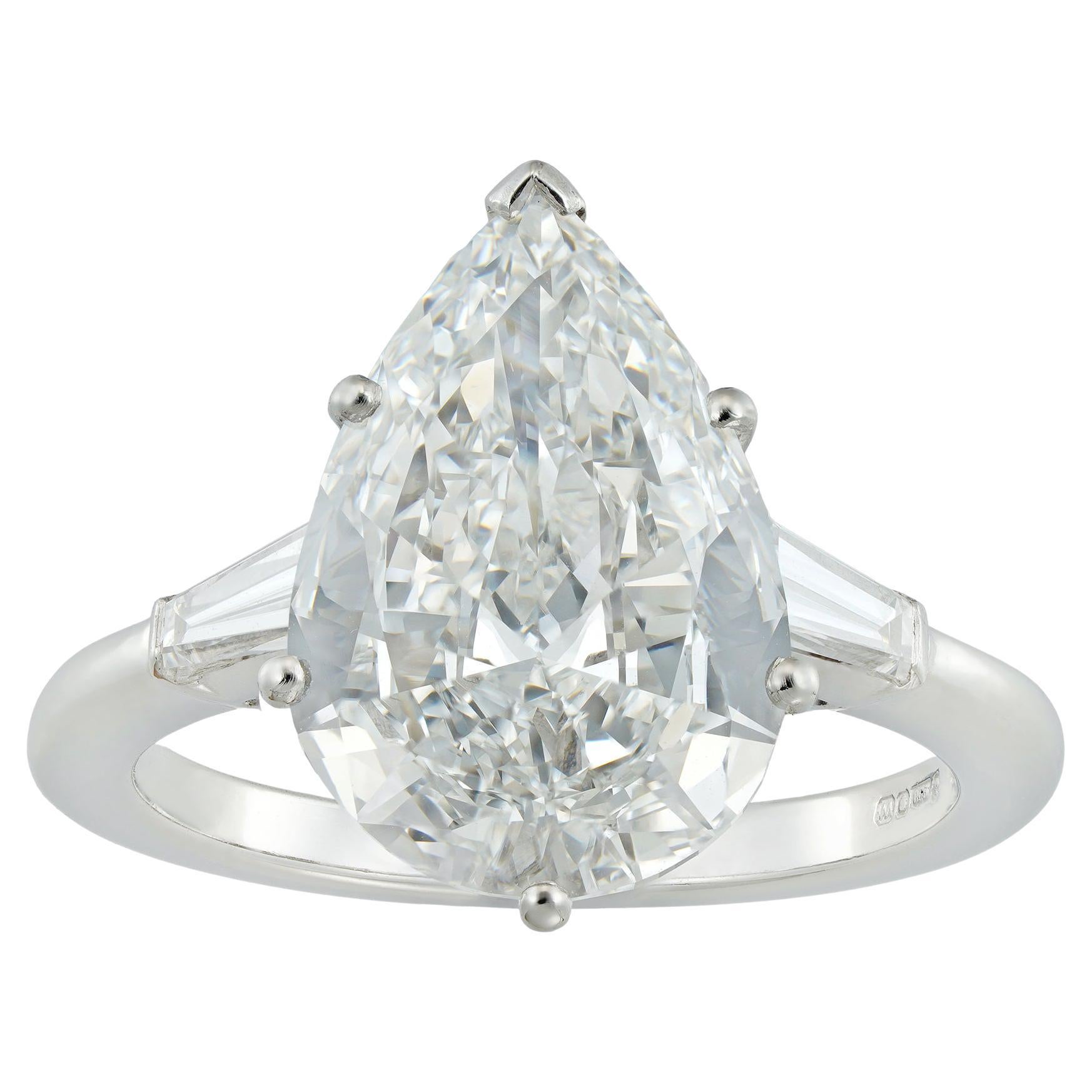 GIA Certified 4.01 Carat Pear Shaped Diamond Solitaire Ring For Sale