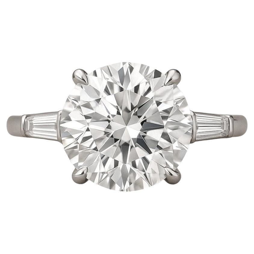 GIA Certified 4.01 Carat Round Diamond Platinum Ring with Tapered Baguettes