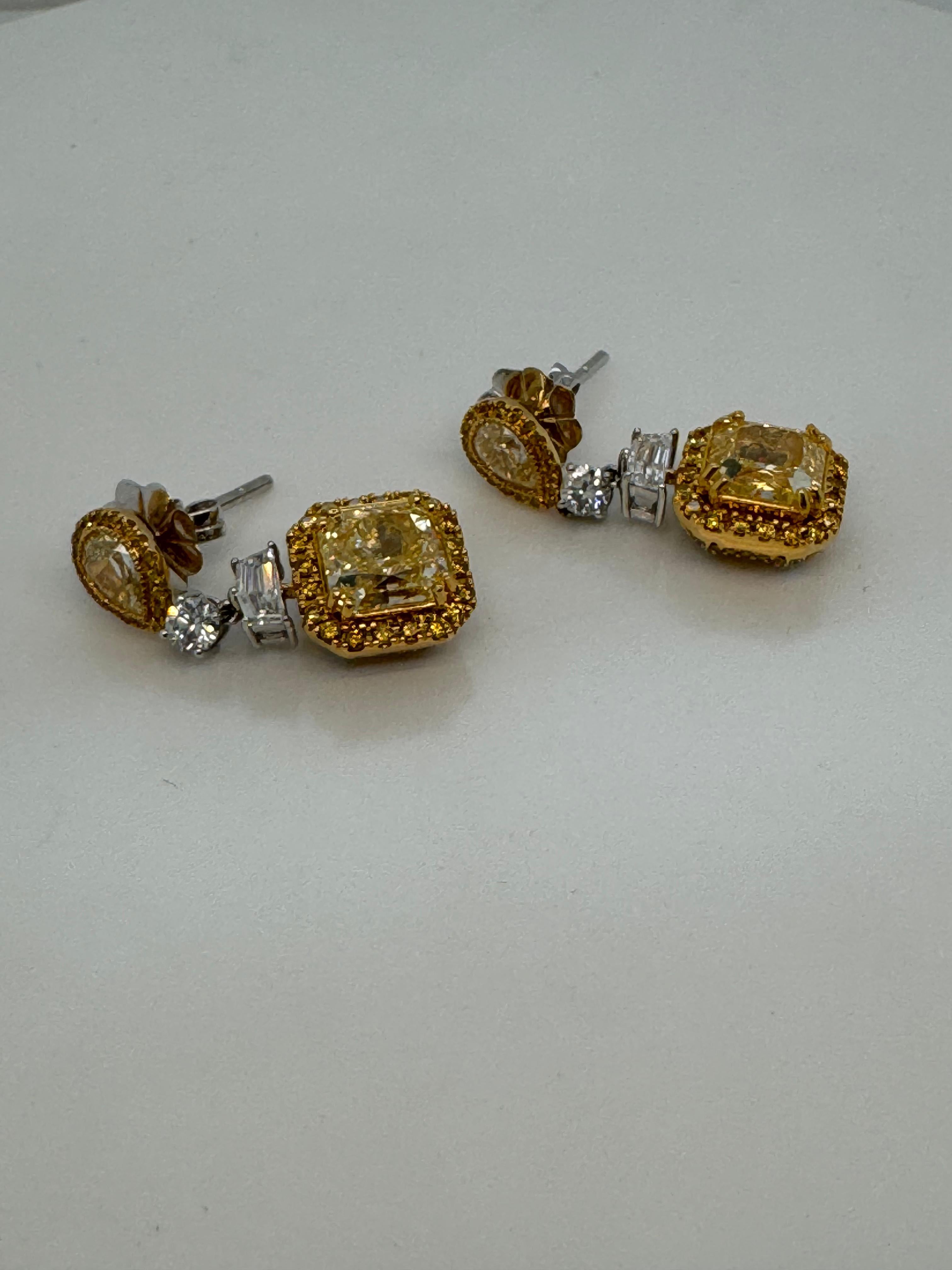 Cushion Cut GIA Certified 4.01 Carats Fancy Yellow Diamond Earrings in 18k White Gold For Sale