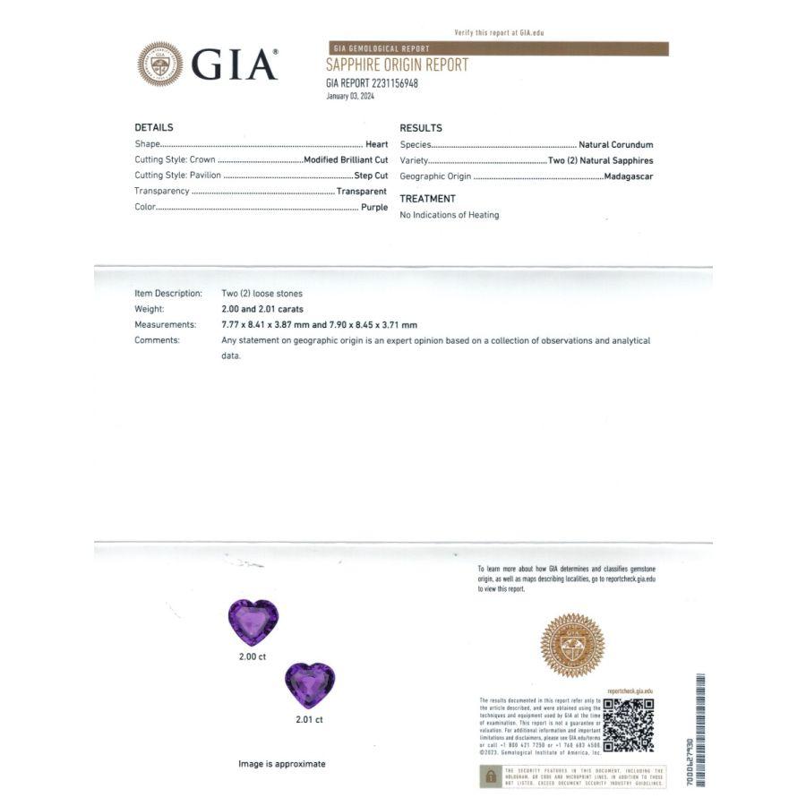 Presentiamo un'affascinante coppia di zaffiri viola naturali non riscaldati, per un totale di 4,01 carati, accompagnati da un rapporto GIA di autenticità. Ogni gemma, realizzata a forma di cuore con un taglio Brilliante/Step, mostra vibranti toni