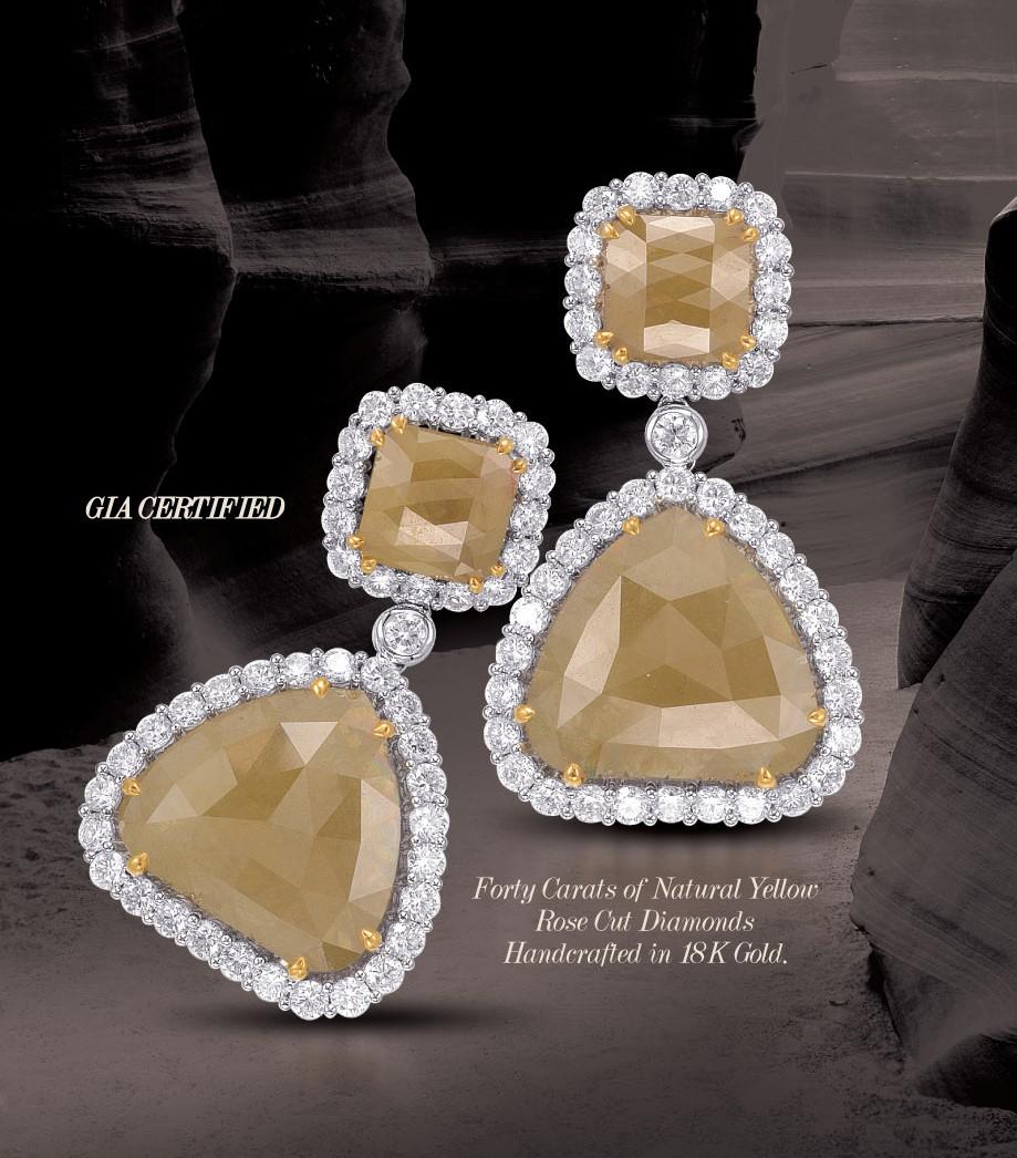 GIA Certified 40.18 Carat Rose Cut Yellow and White Diamond Earrings In New Condition For Sale In Great Neck, NY