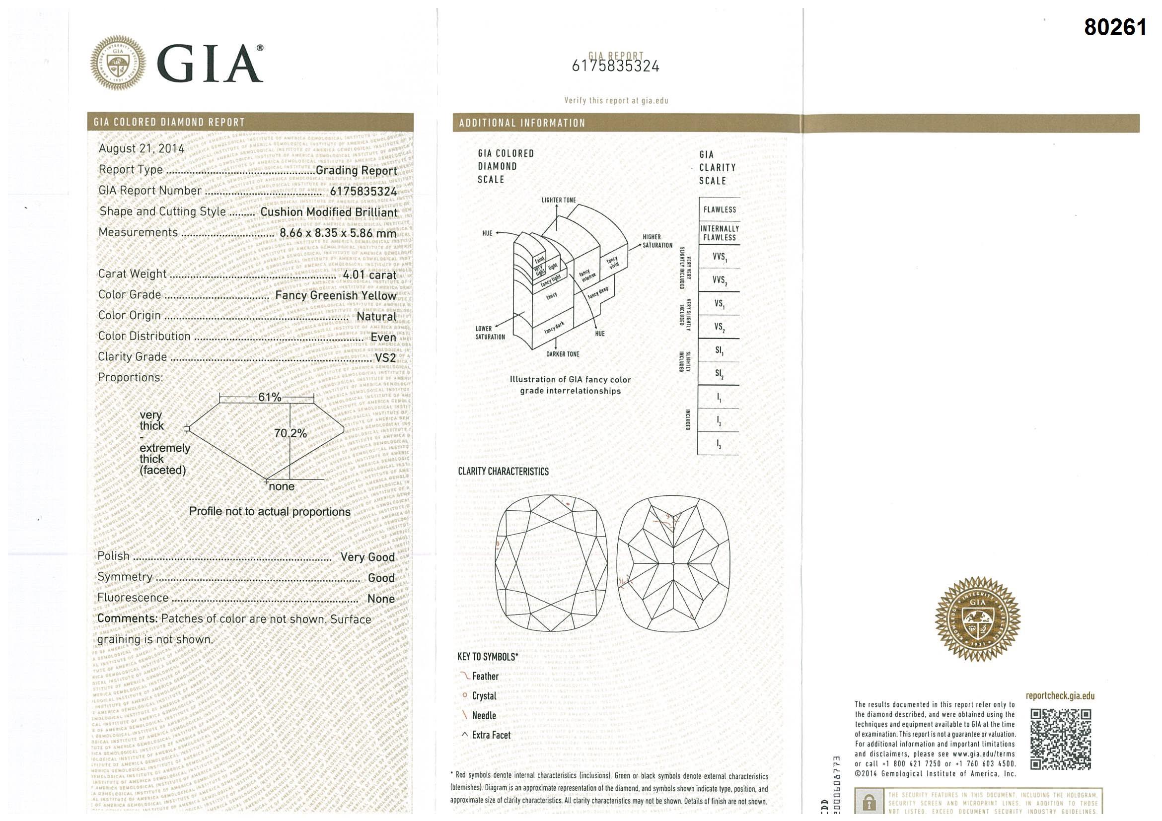 GIA Certified 4.01 Carat Fancy Greenish Yellow Diamond Cushion Cut Ring For Sale 6