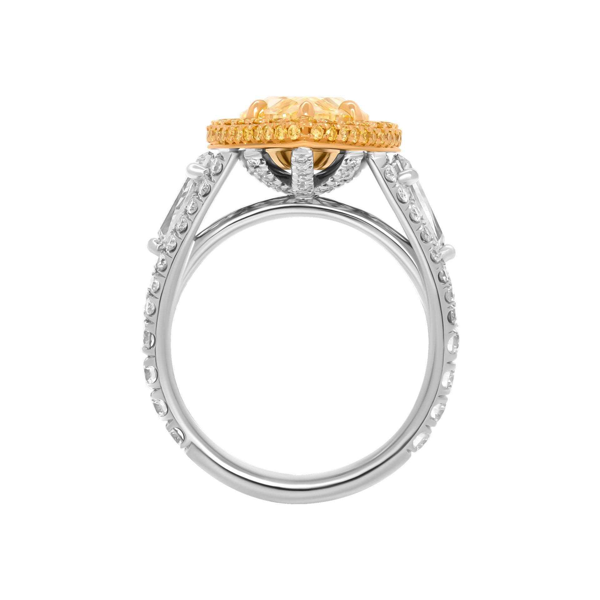 Modern GIA Certified 3 Stone Ring with 4.03ct Natural Fancy Yellow Pear Shape Diamond For Sale