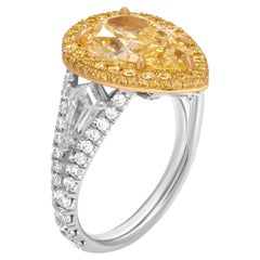 GIA Certified 3 Stone Ring with 4.03ct Natural Fancy Yellow Pear Shape Diamond