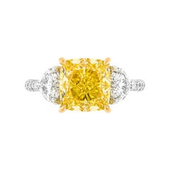 GIA Certified 4.01ct Natural Fancy Yellow Cushion Cut Cut Three-Stone Ring