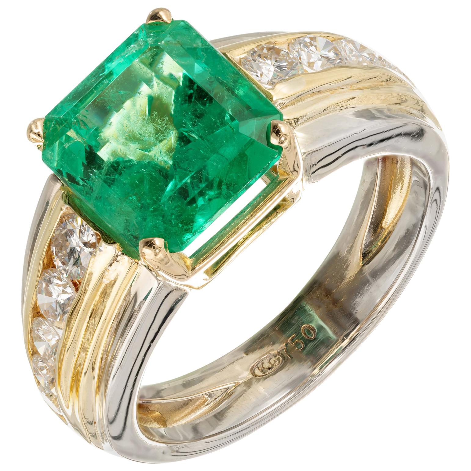 GIA Certified 4.02 Carat Colombian Emerald Diamond Yellow White Gold Ring For Sale