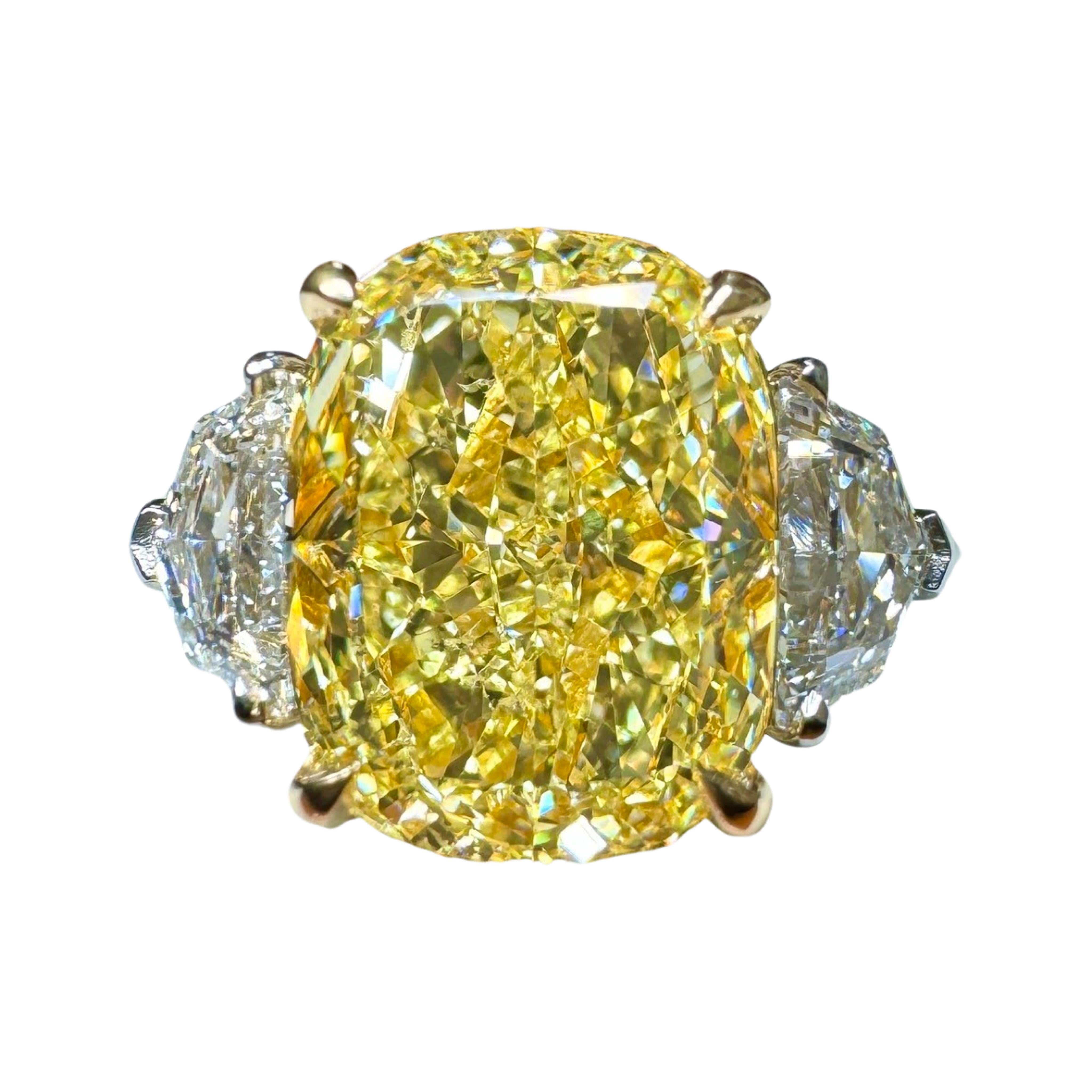 GIA Certified 4.02 Carat Cushion Cut Fancy Yellow Diamond Three Stone Ring For Sale 1