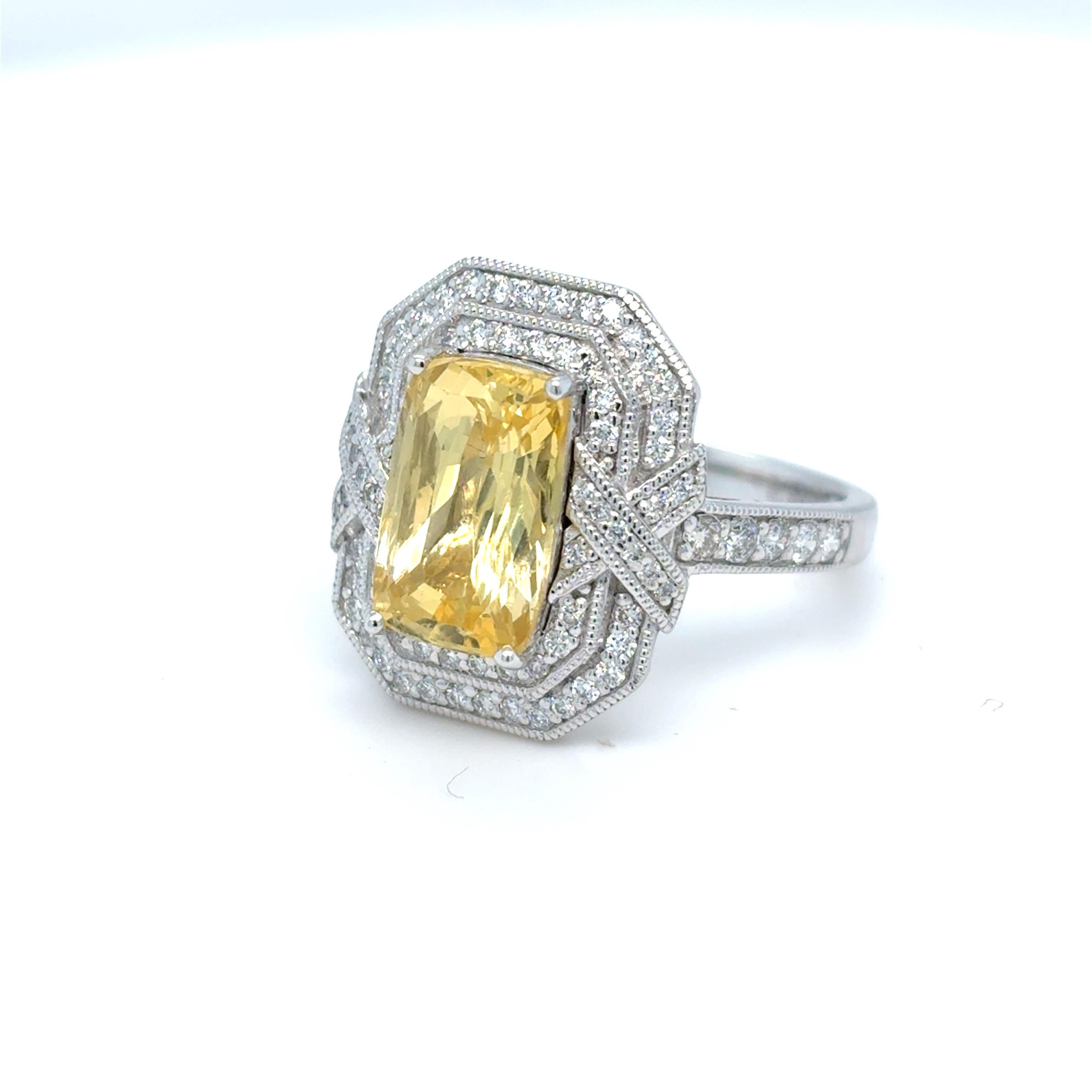 Gia Certified 4.02 Carat Cushion Cut No Heat Yellow Sapphire Diamond Ring For Sale 5