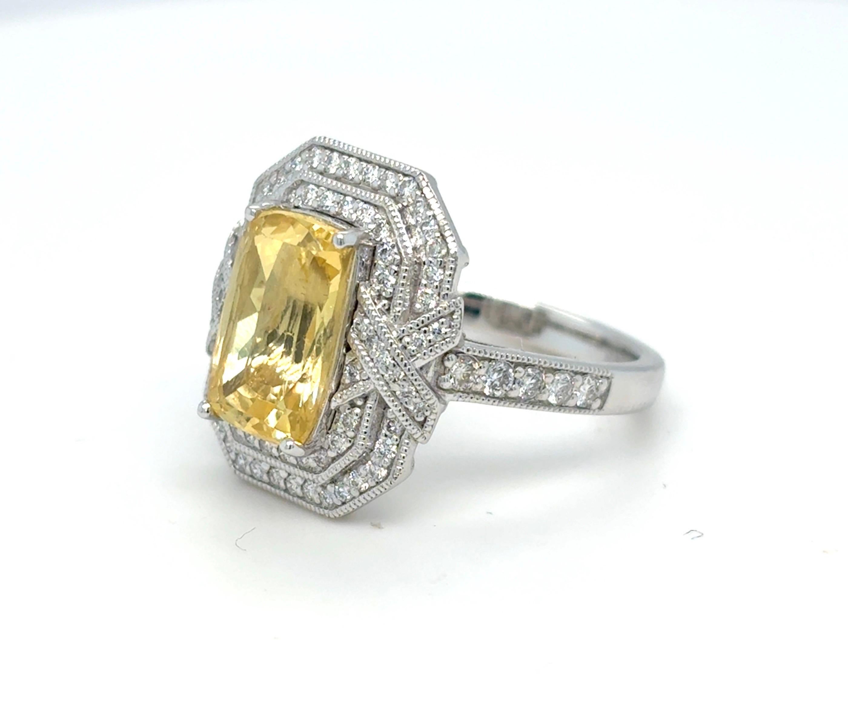 Gia Certified 4.02 Carat Cushion Cut No Heat Yellow Sapphire Diamond Ring For Sale 7