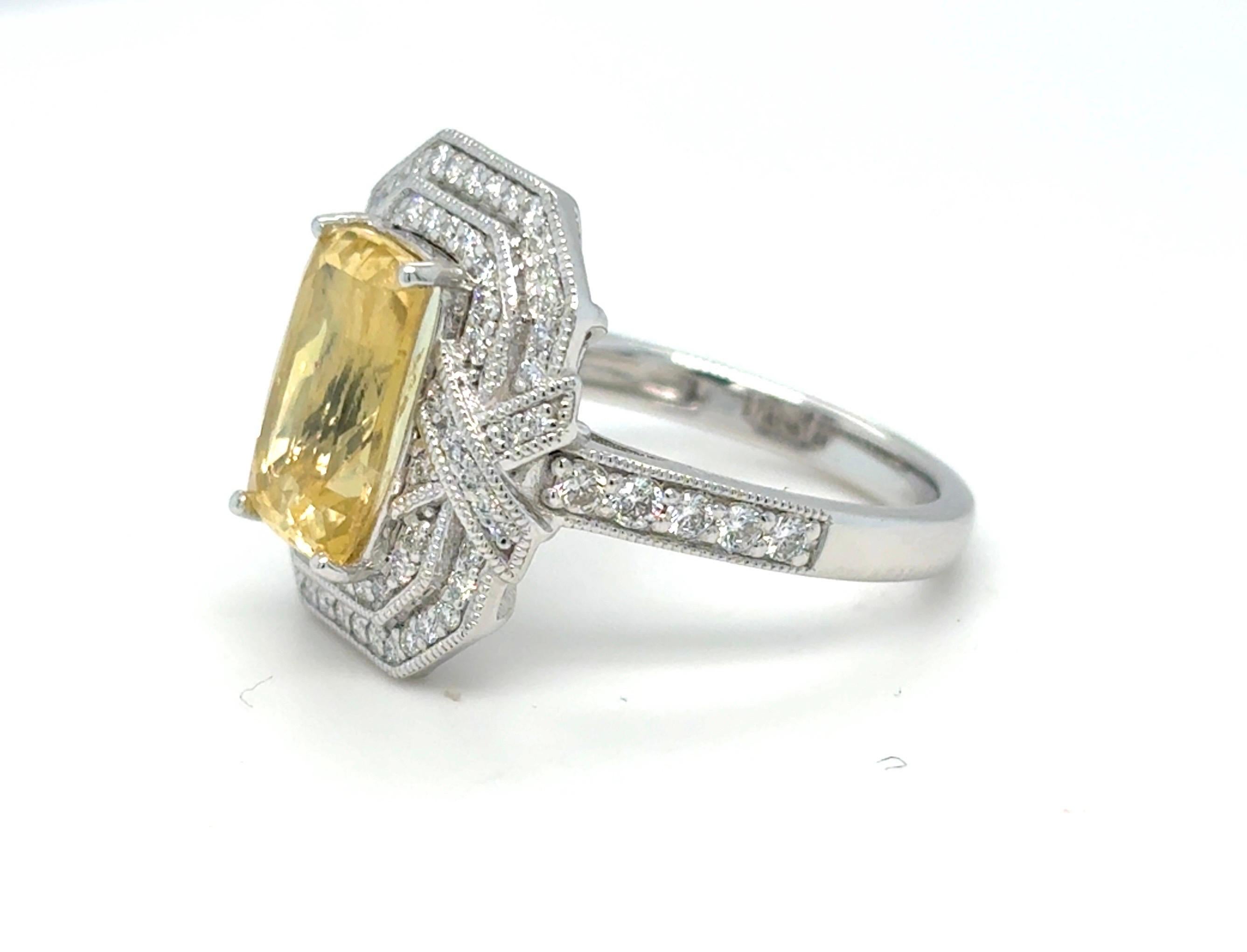 Gia Certified 4.02 Carat Cushion Cut No Heat Yellow Sapphire Diamond Ring For Sale 8