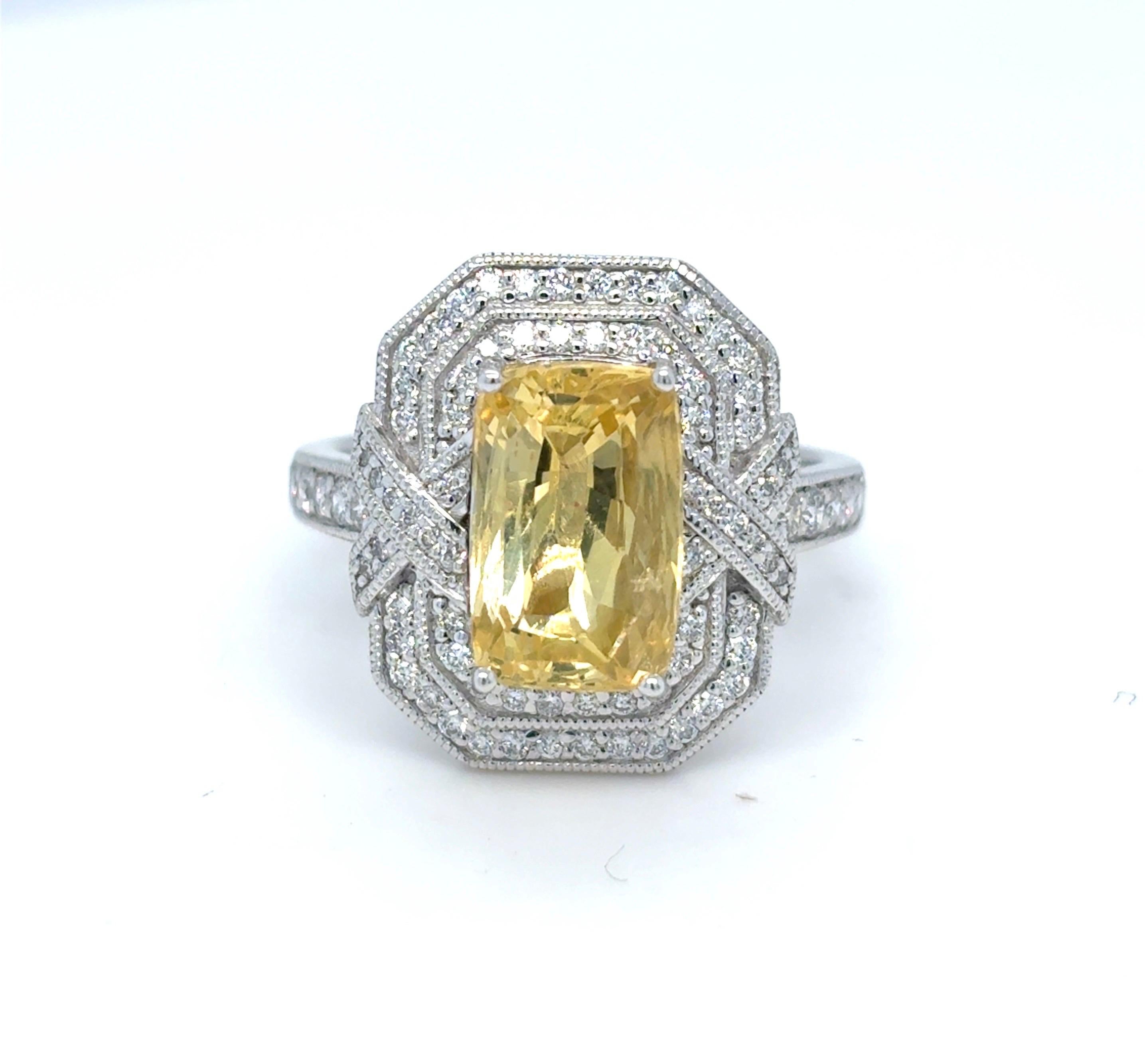 Gia Certified 4.02 Carat Cushion Cut No Heat Yellow Sapphire Diamond Ring For Sale 9