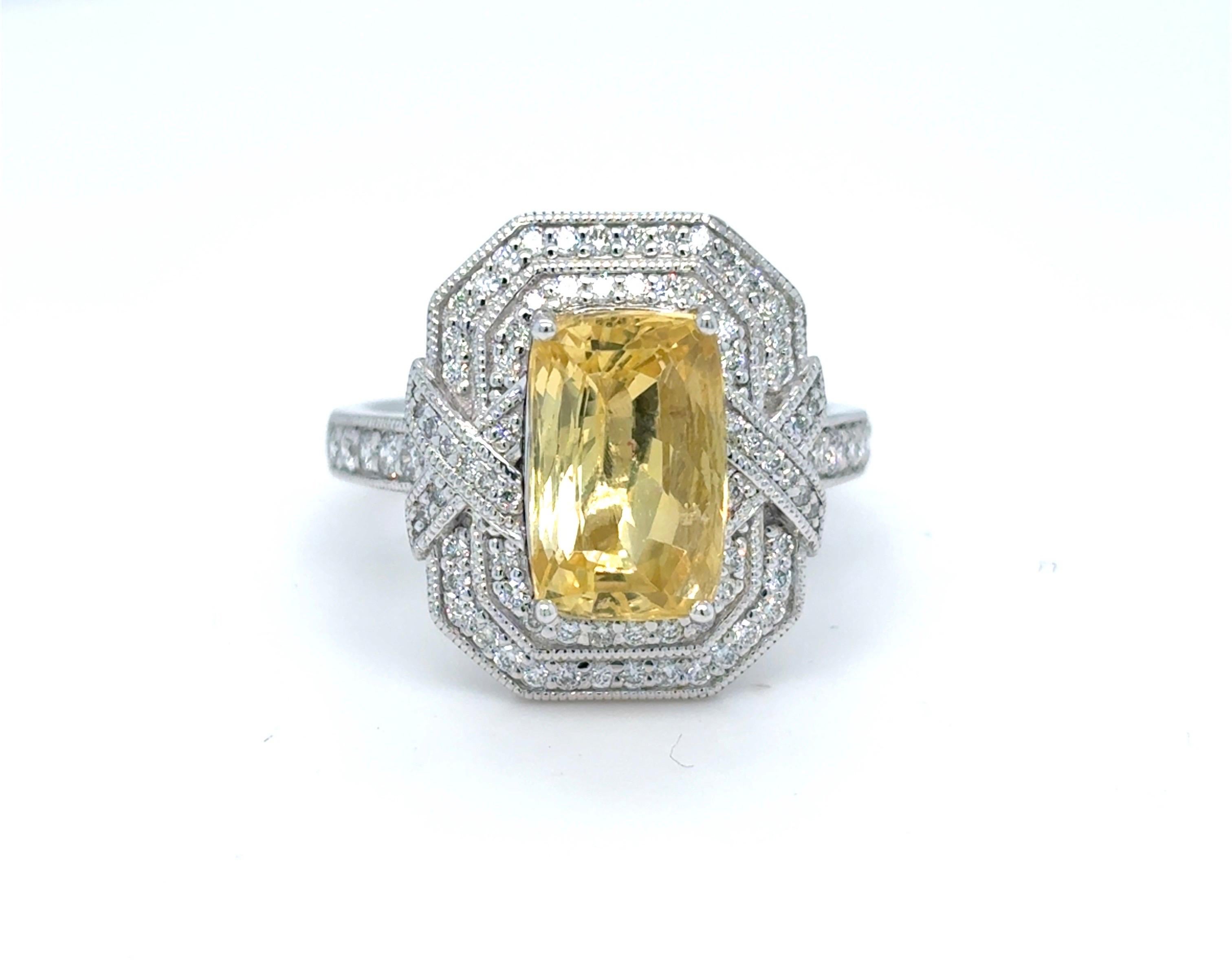GIA-Certified 4.02 Carat Cushion-Cut Yellow Sapphire and Diamond Ring
At the heart of this exquisite ring is a 4.02 carat cushion-cut yellow sapphire, GIA-certified and unheated—a rare and highly desirable feature, as over 90% of sapphires in the