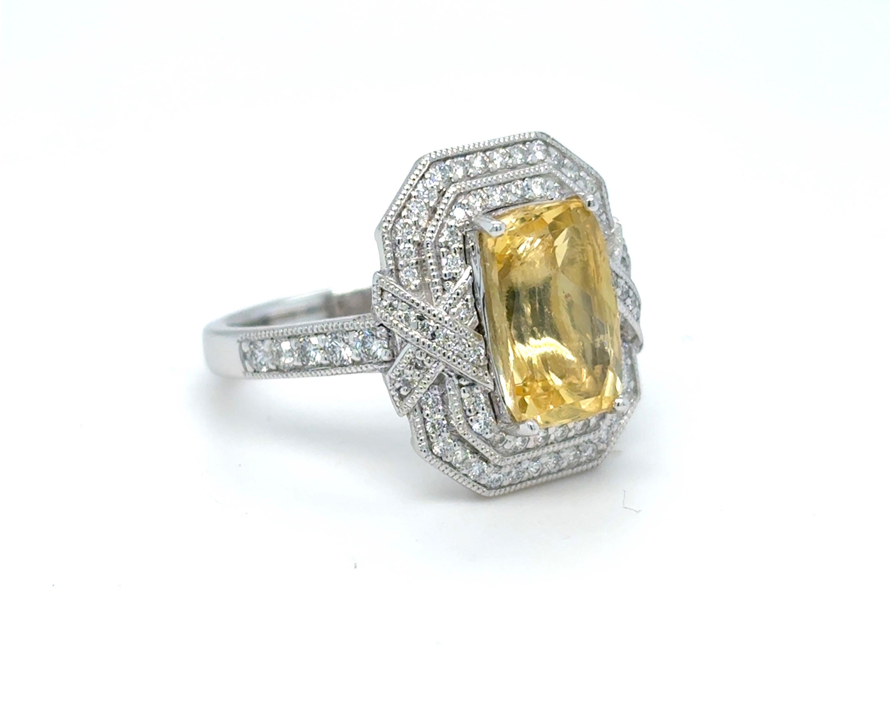 Artisan Gia Certified 4.02 Carat Cushion Cut No Heat Yellow Sapphire Diamond Ring For Sale