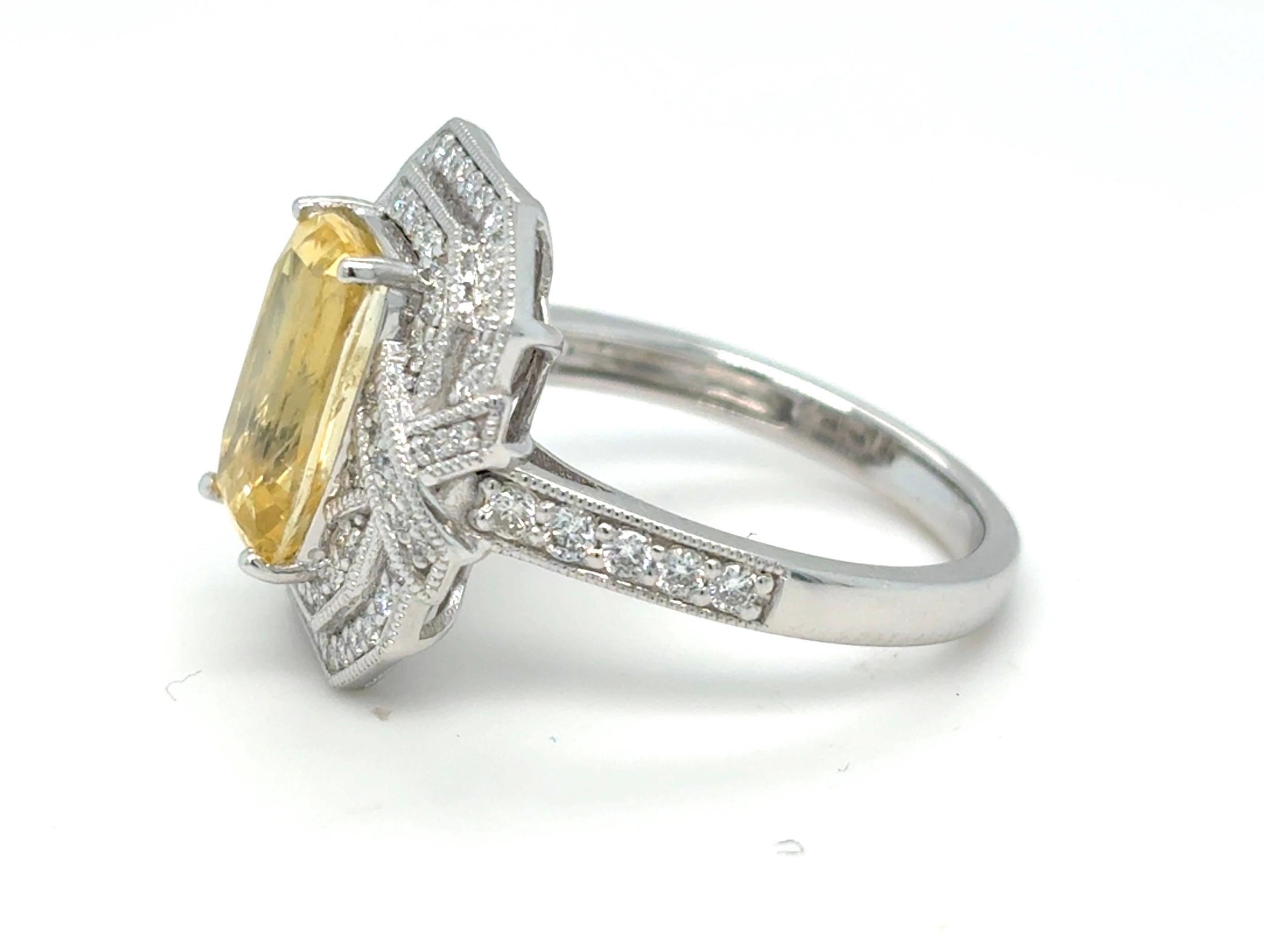 Women's Gia Certified 4.02 Carat Cushion Cut No Heat Yellow Sapphire Diamond Ring For Sale