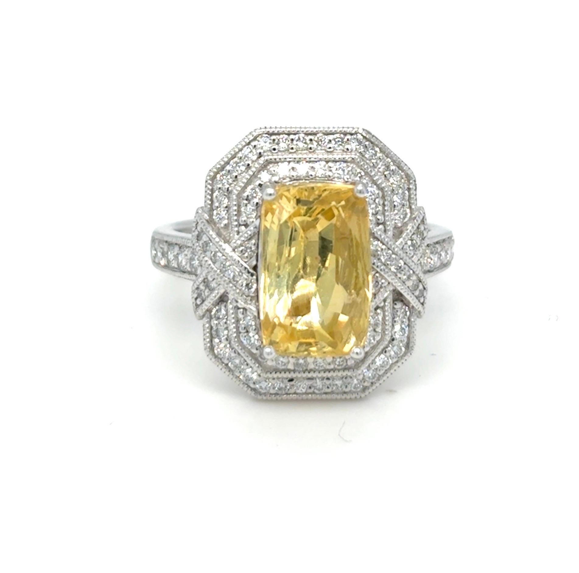 Gia Certified 4.02 Carat Cushion Cut No Heat Yellow Sapphire Diamond Ring For Sale 1