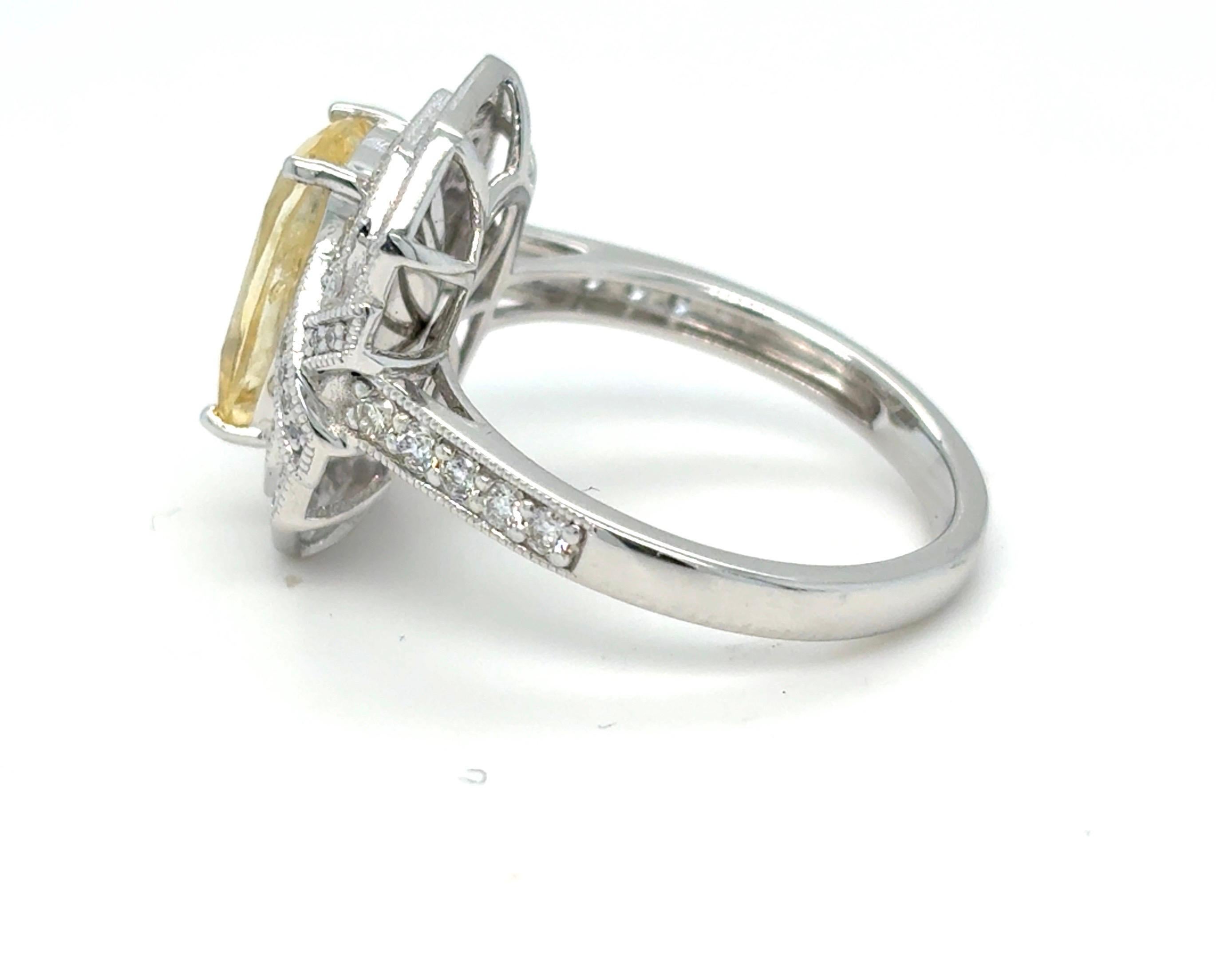 Gia Certified 4.02 Carat Cushion Cut No Heat Yellow Sapphire Diamond Ring For Sale 3