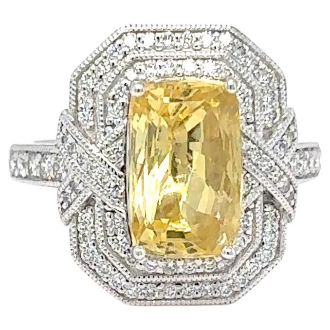 Gia Certified 4.02 Carat Cushion Cut No Heat Yellow Sapphire Diamond Ring