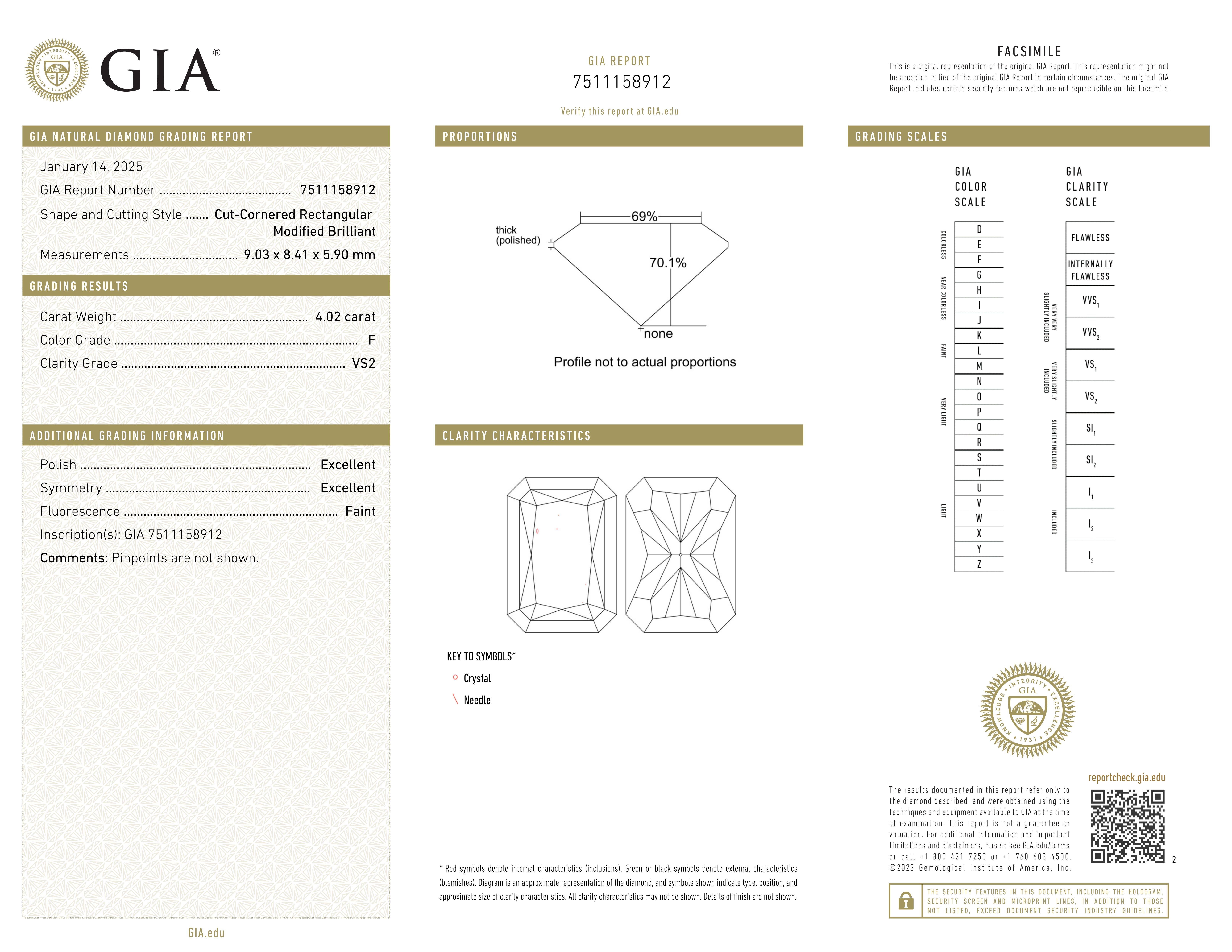 GIA Certificado 4.02 Quilates F VS2 Corte-Corneado Anillo Rectangular Brillante Modificado en Nuevo estado para la venta en Chicago, IL